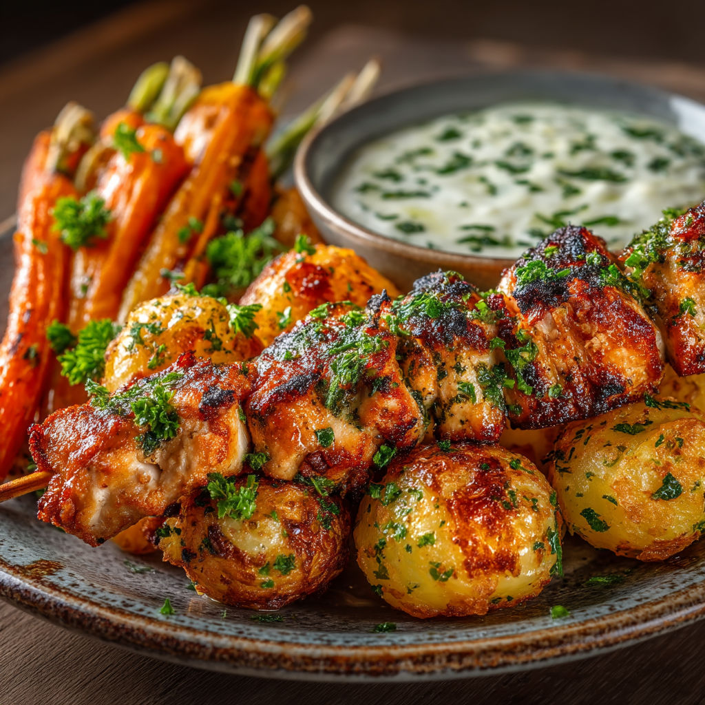Une assiette de brochettes de poulet et de légumes.