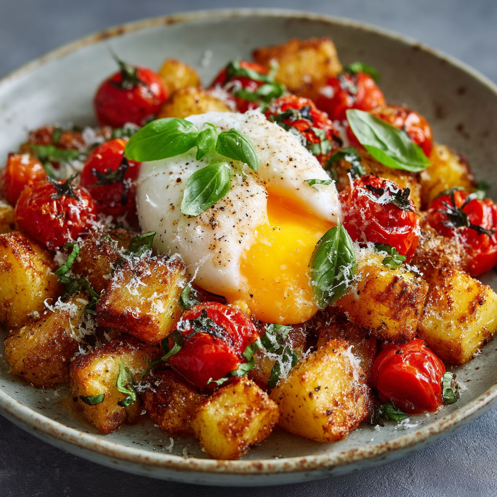 Une assiette de légumes et de pâtes avec une omelette au centre.