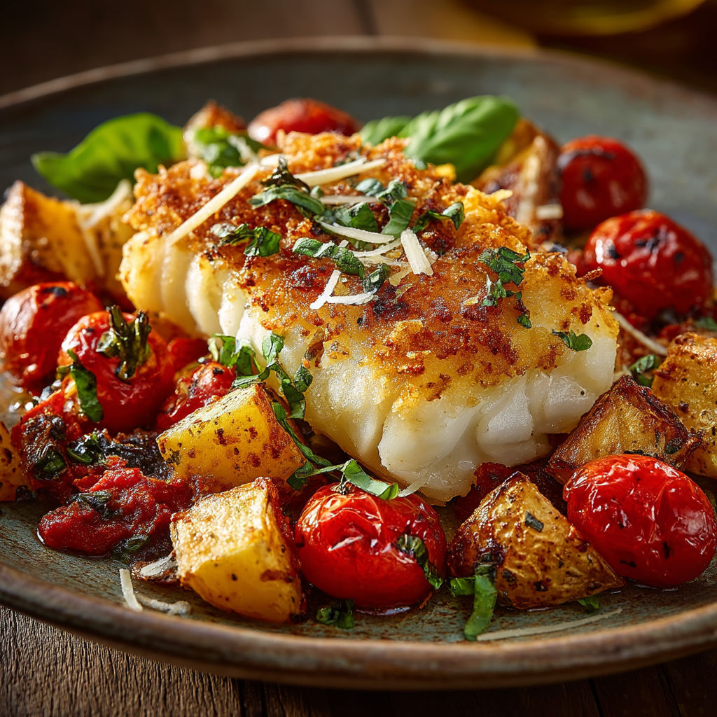Une assiette de cabillaud et de pommes de terre frites.