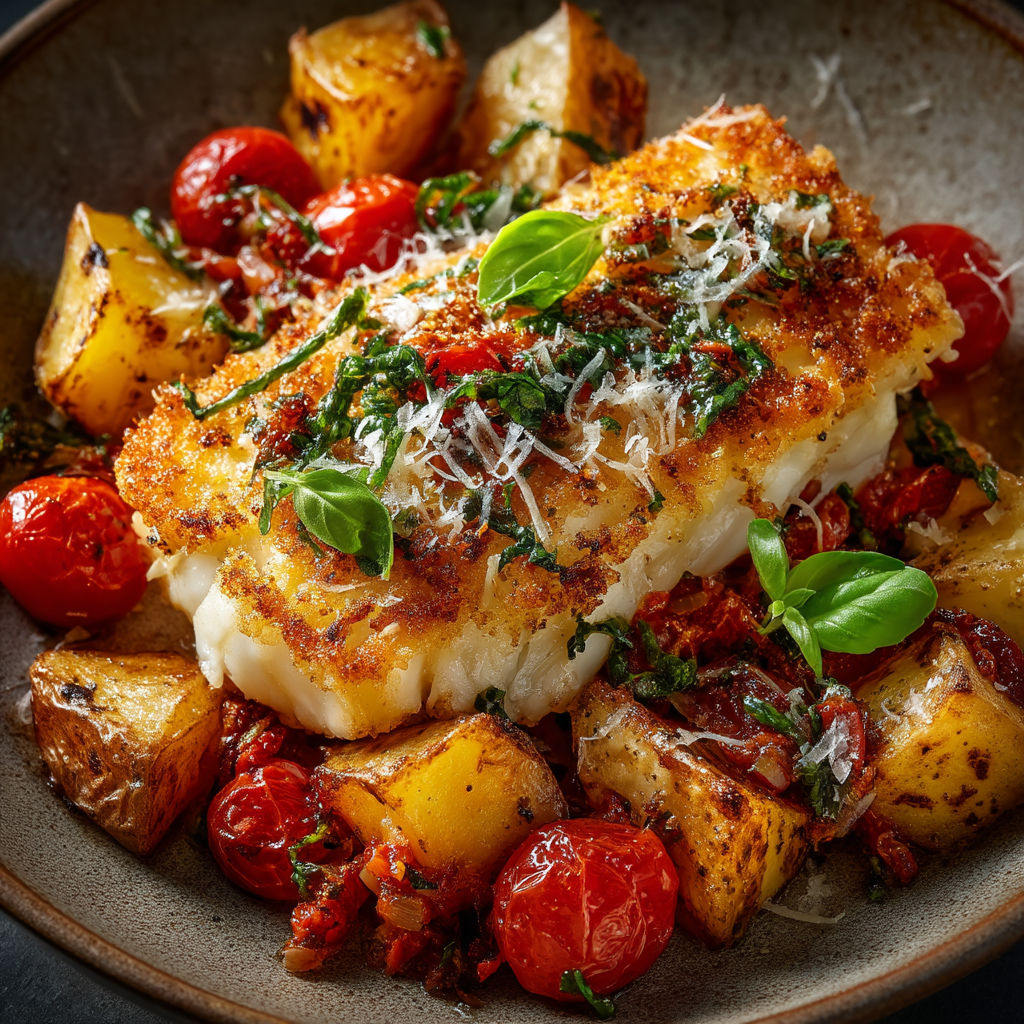 Une poêle de poisson avec des légumes.