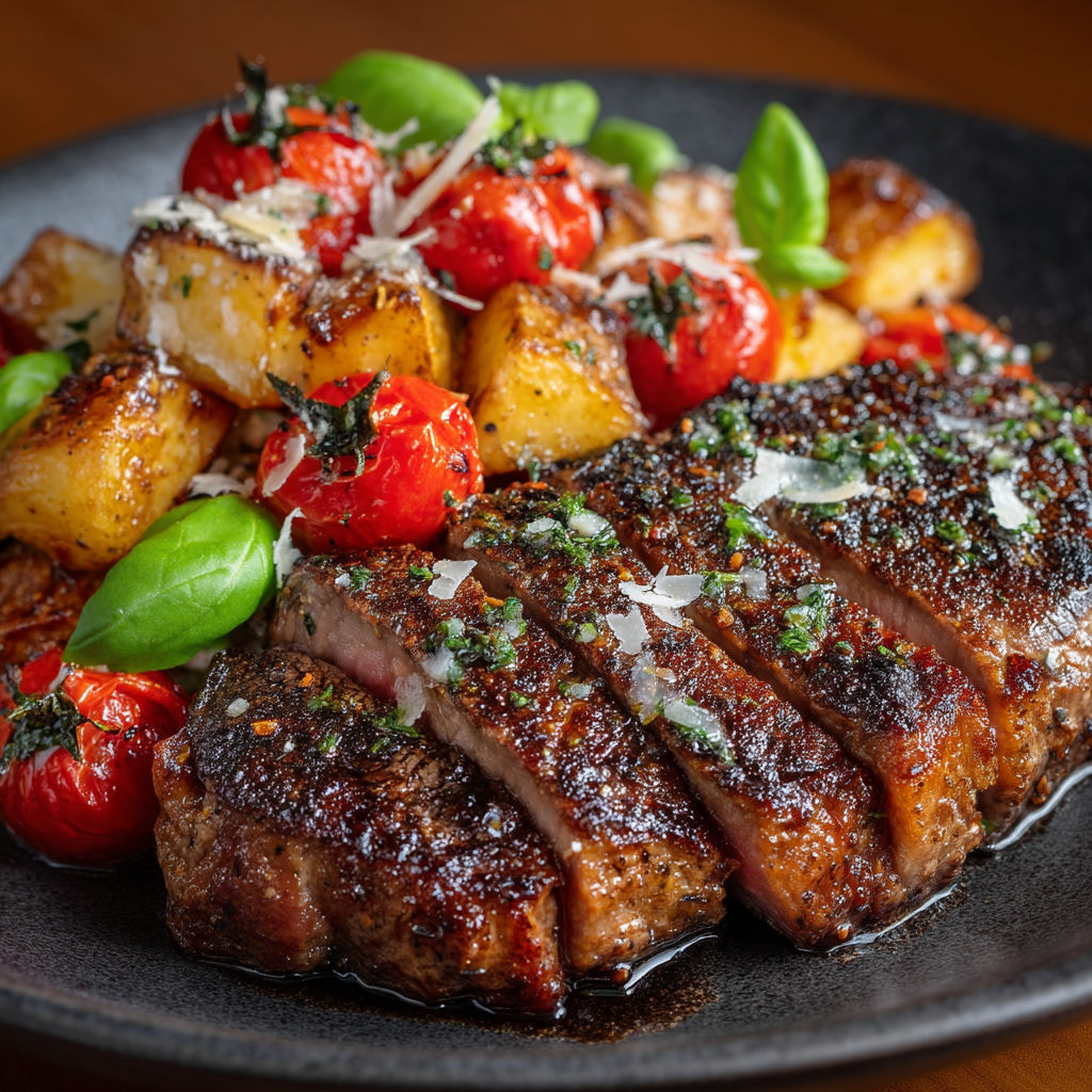Steak grillé avec des légumes et des herbes.
