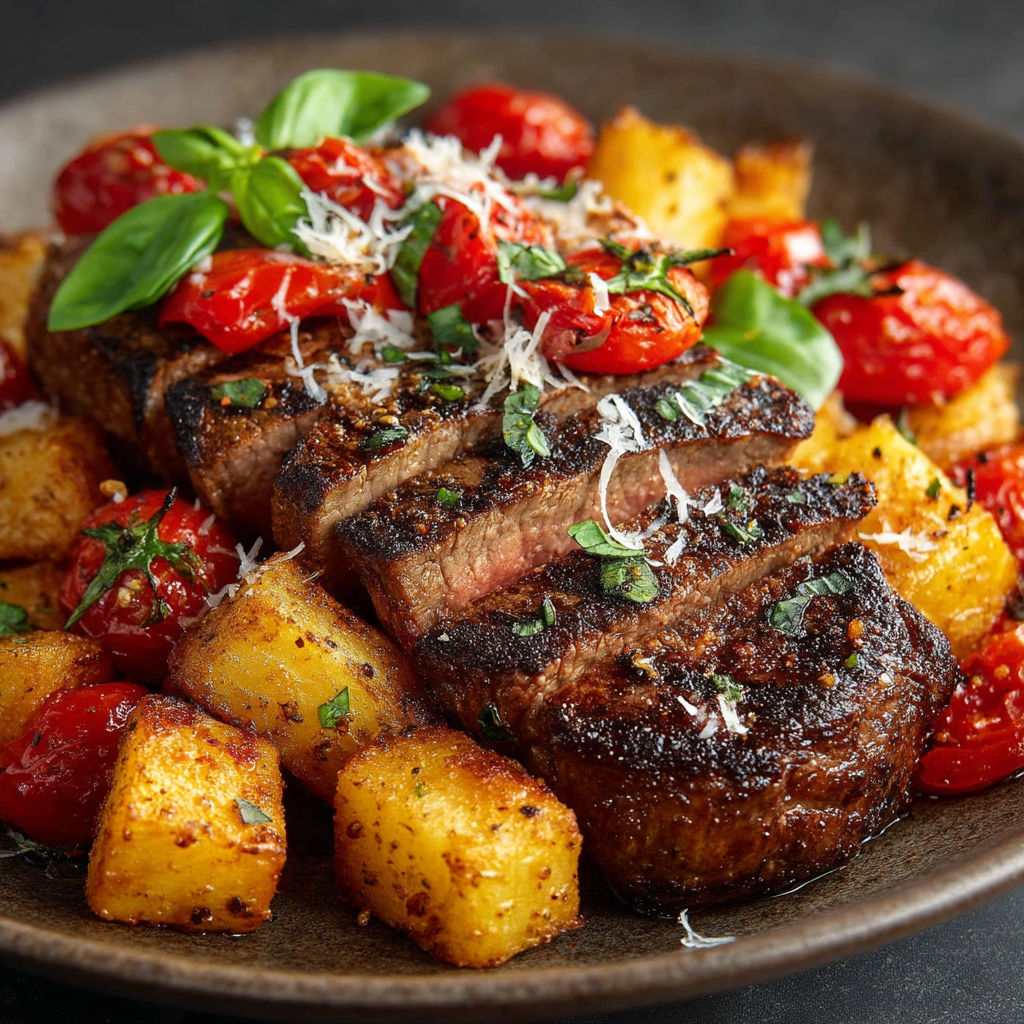 Une viande grillée avec des légumes et des herbes.
