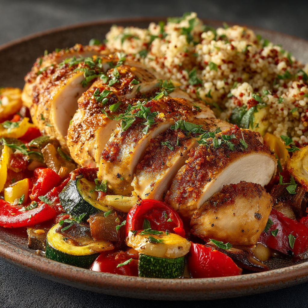 Plate of food with chicken, rice, and vegetables.