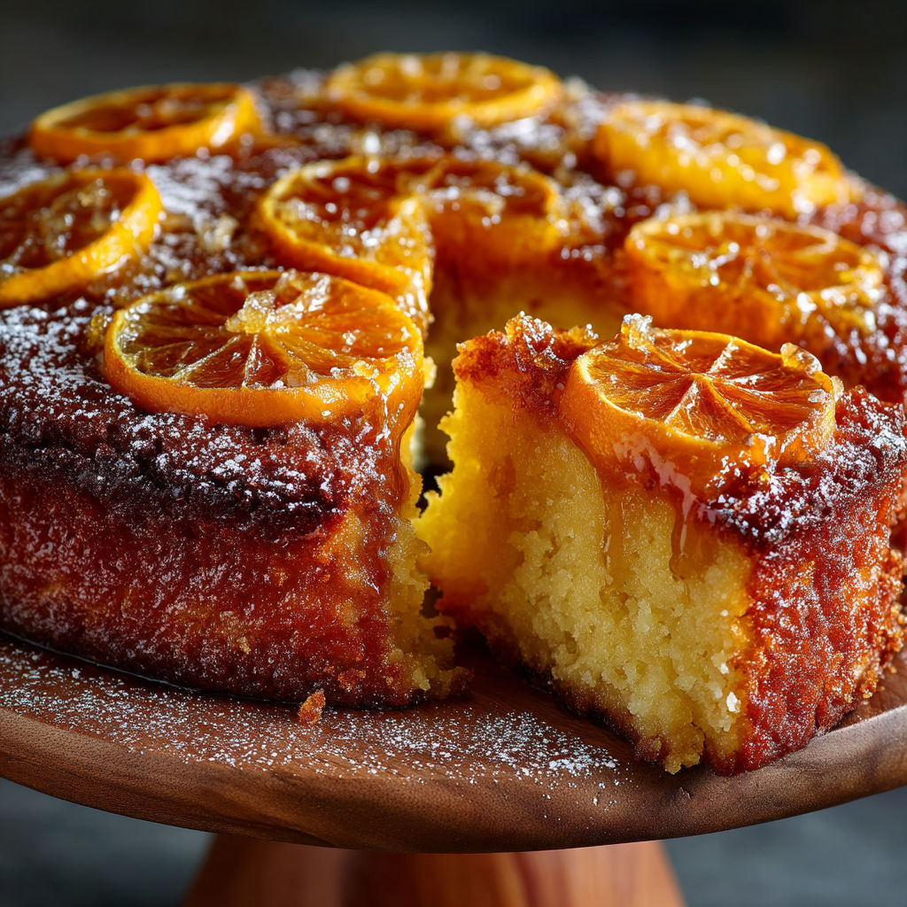 Une partie d'un gâteau renversé à l'orange.