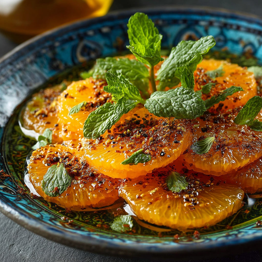 Une assiette contenant des oranges avec des feuilles de menthe.