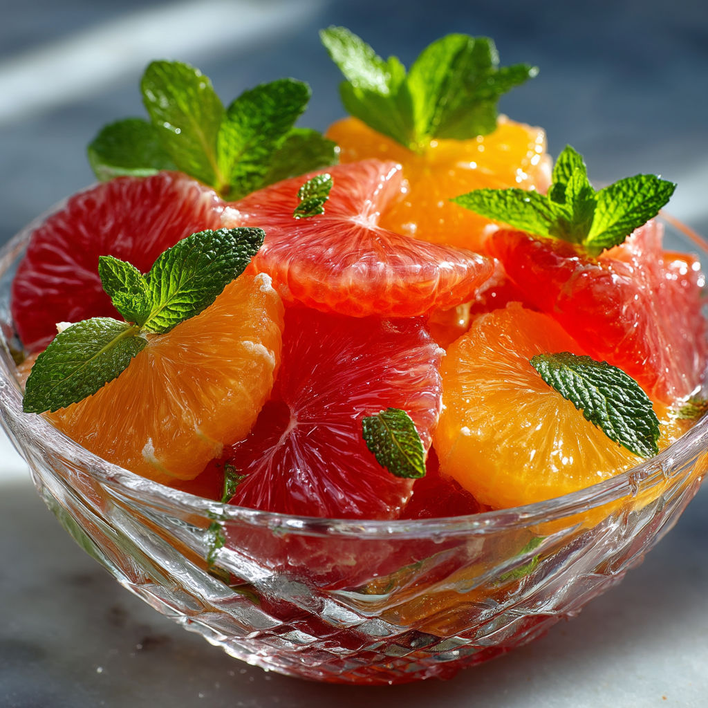 Une assiette de fruits rouges et oranges avec des feuilles de menthe.