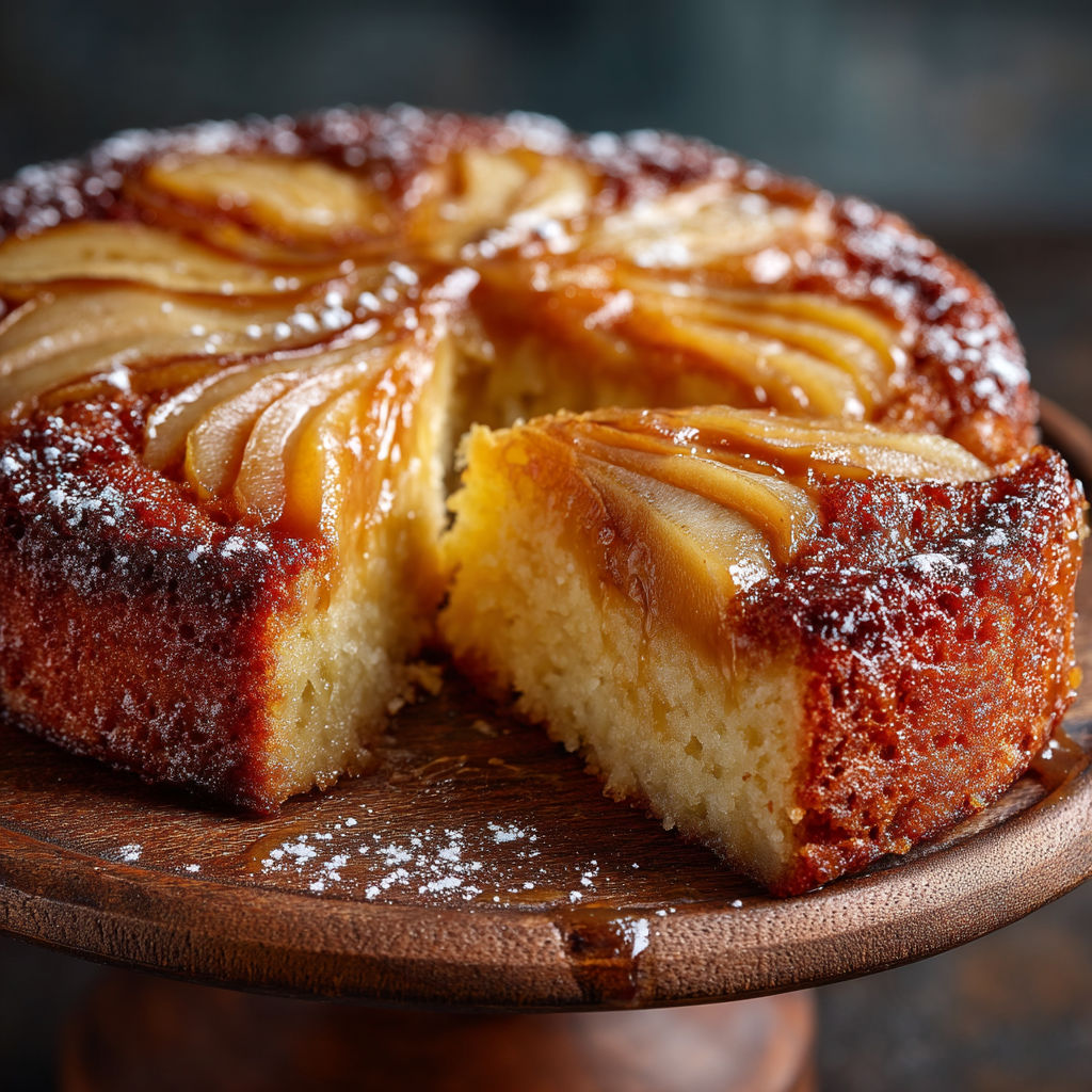 Une partie d'un gâteau renversé aux poires.