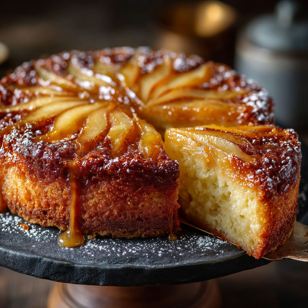 Une portion de gâteau renversé aux poires.