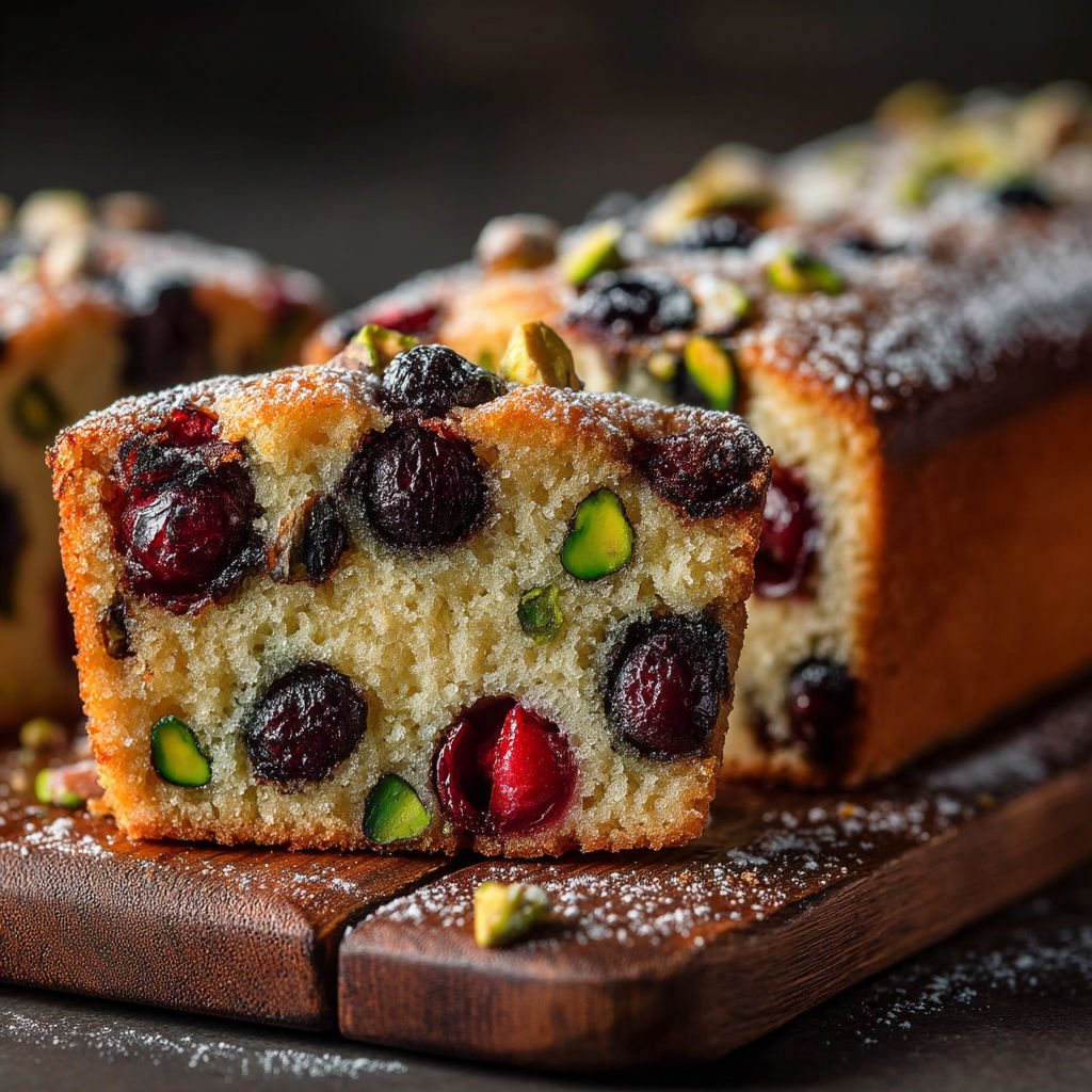 Une portion de gâteau de cerises noires et pistache.