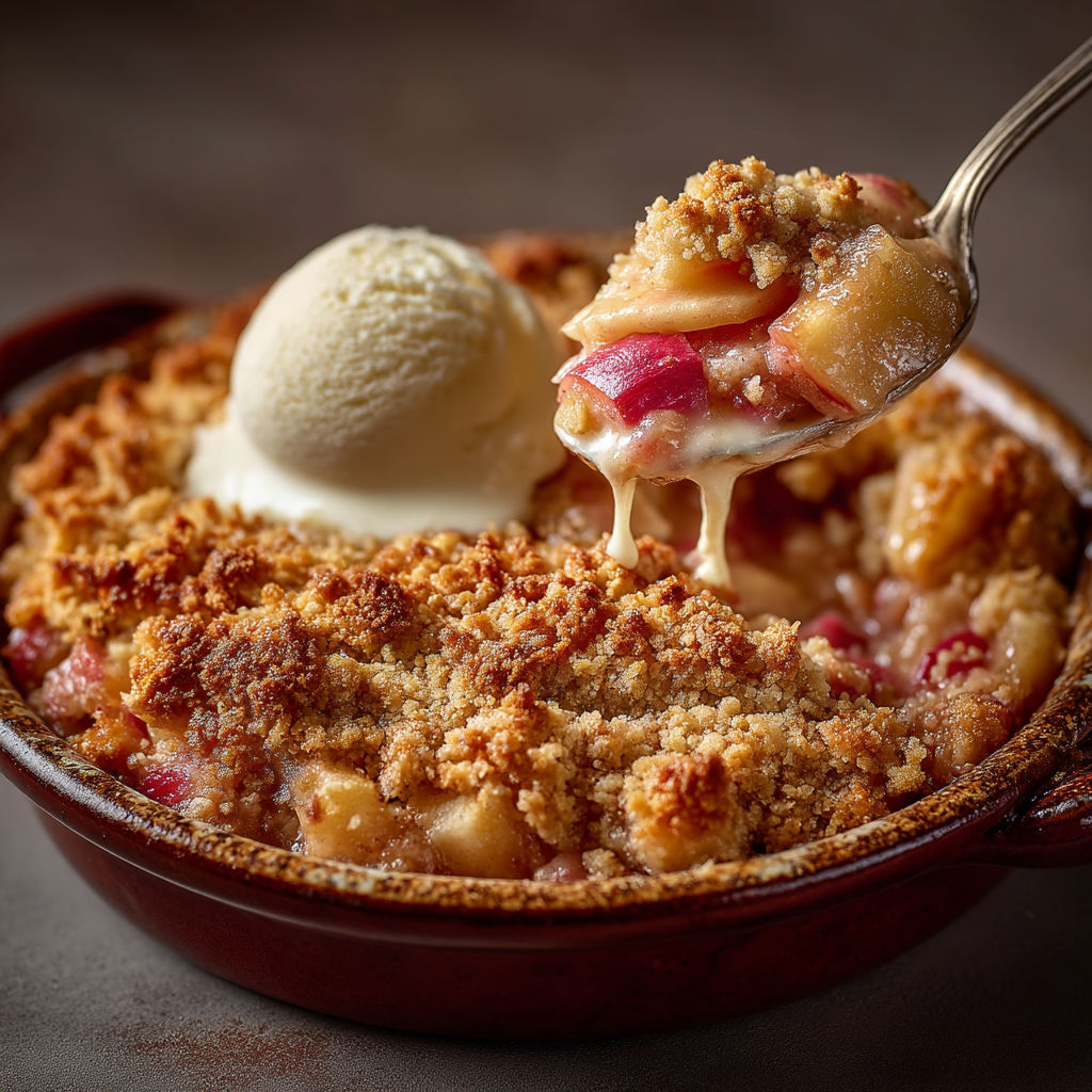 Une tasse de crumble pomme et rhubarbe.