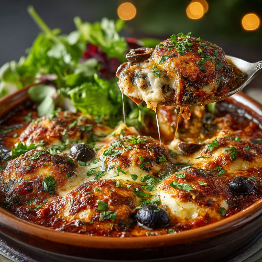 Quenelles gratinées à la sauce tomate & salade.