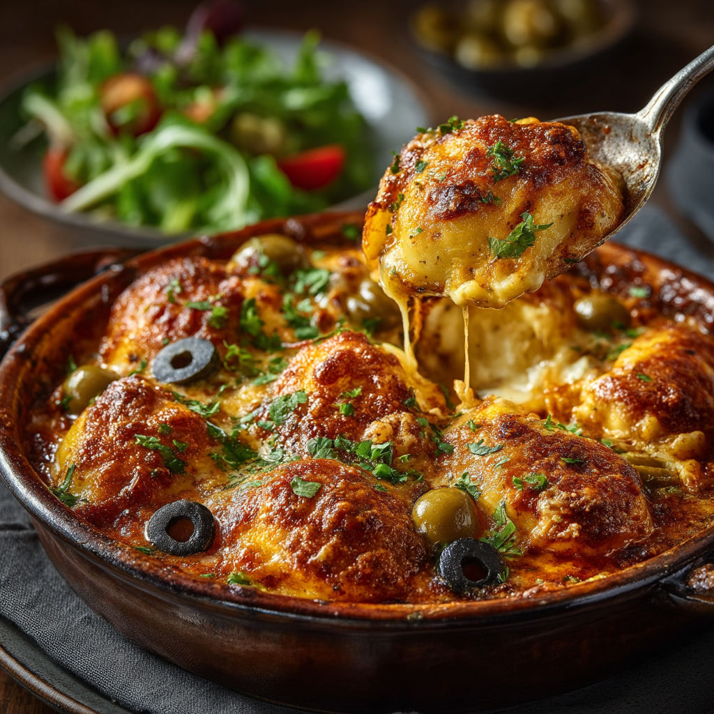 Une soupe chaude avec des légumes et des olives.