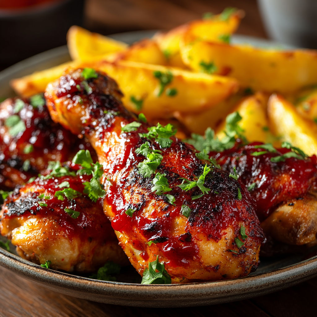 Poulet mariné au ketchup et potatoes.