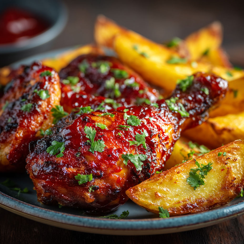 Chicken wings with sauce and potatoes.