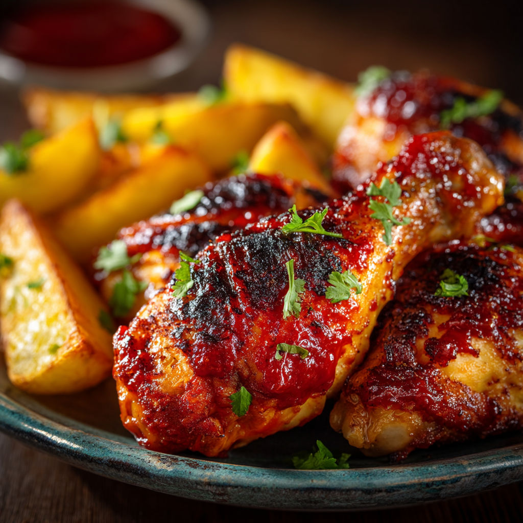 Chicken wings with sauce and potatoes.