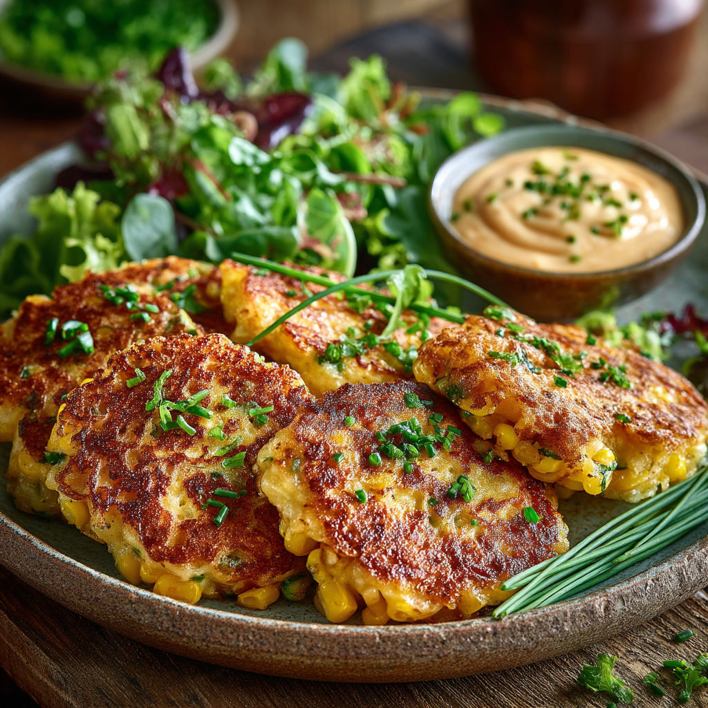 Une assiette de frites de maïs avec une salade.