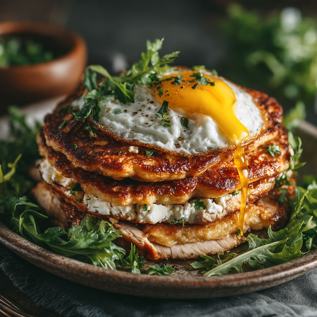Un plat de fruits de mer avec une omelette au top.