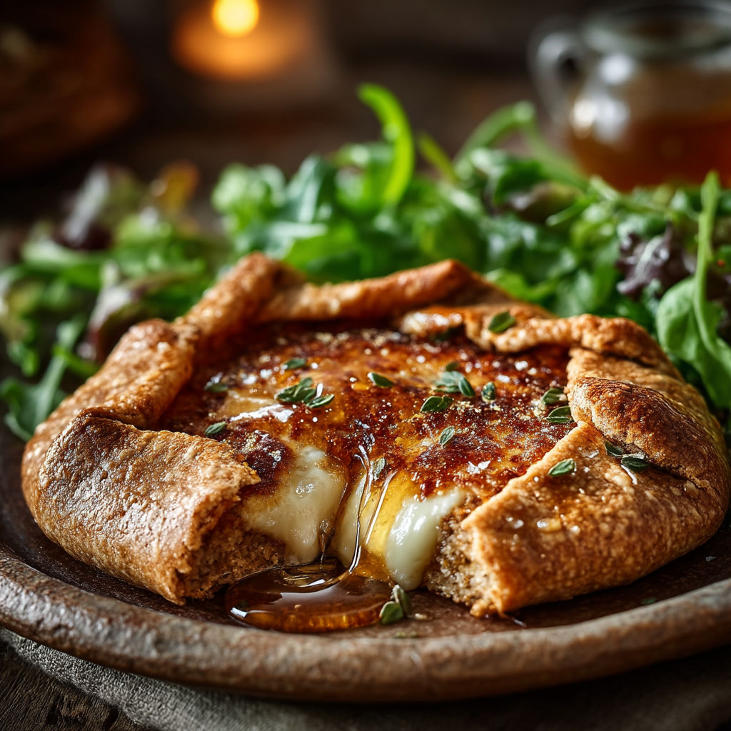 Une galette végé chèvre miel sur un plateau.