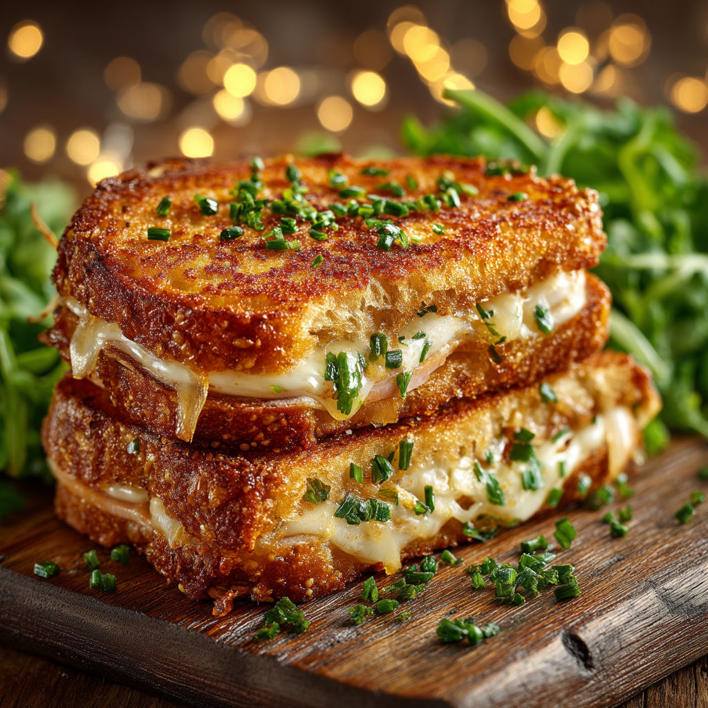 Une tranche de sandwich grillé avec des herbes vertes.