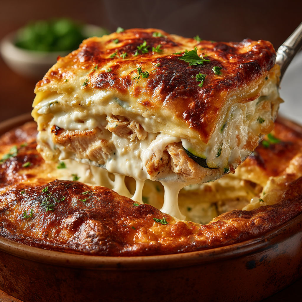 Lasagnes au poulet, courgettes & reblochon.