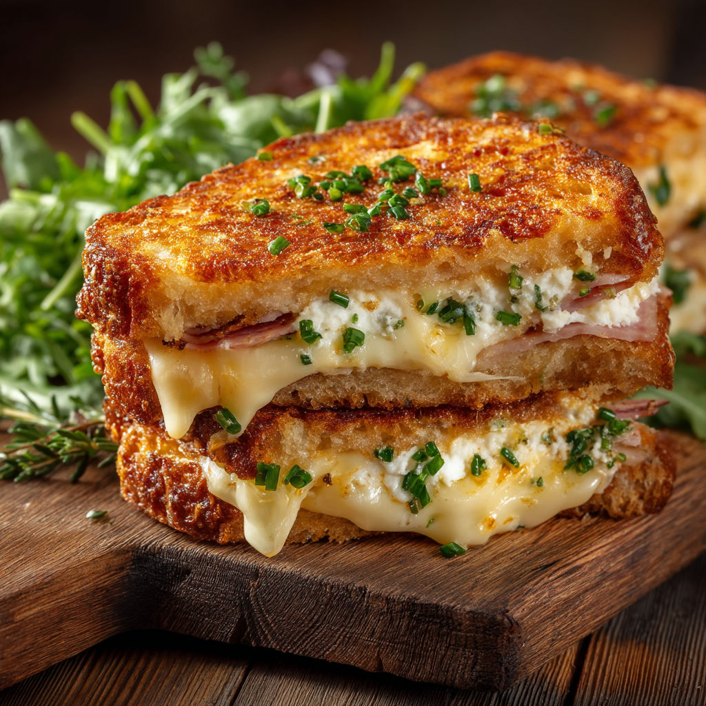 Une tranche de sandwich grillé avec des herbes vertes.