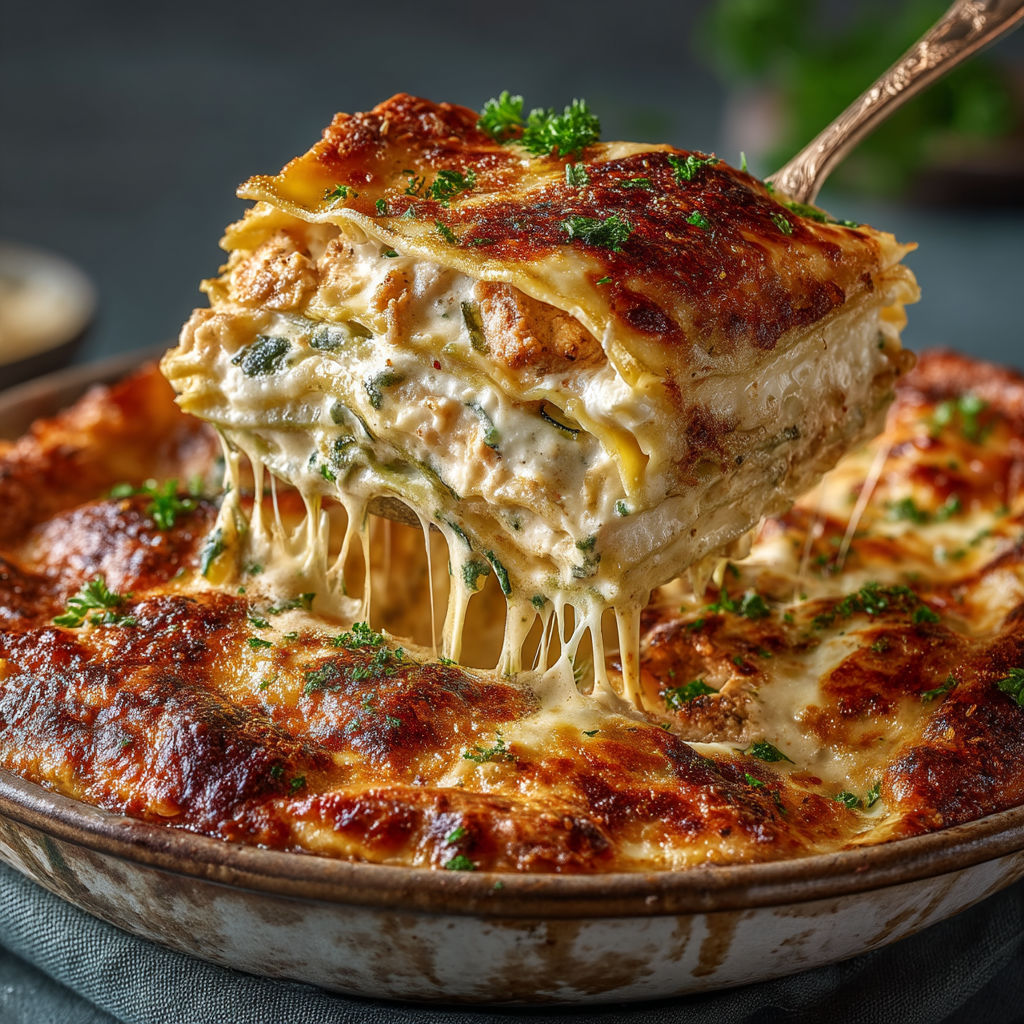 Lasagnes au poulet, courgettes & reblochon.