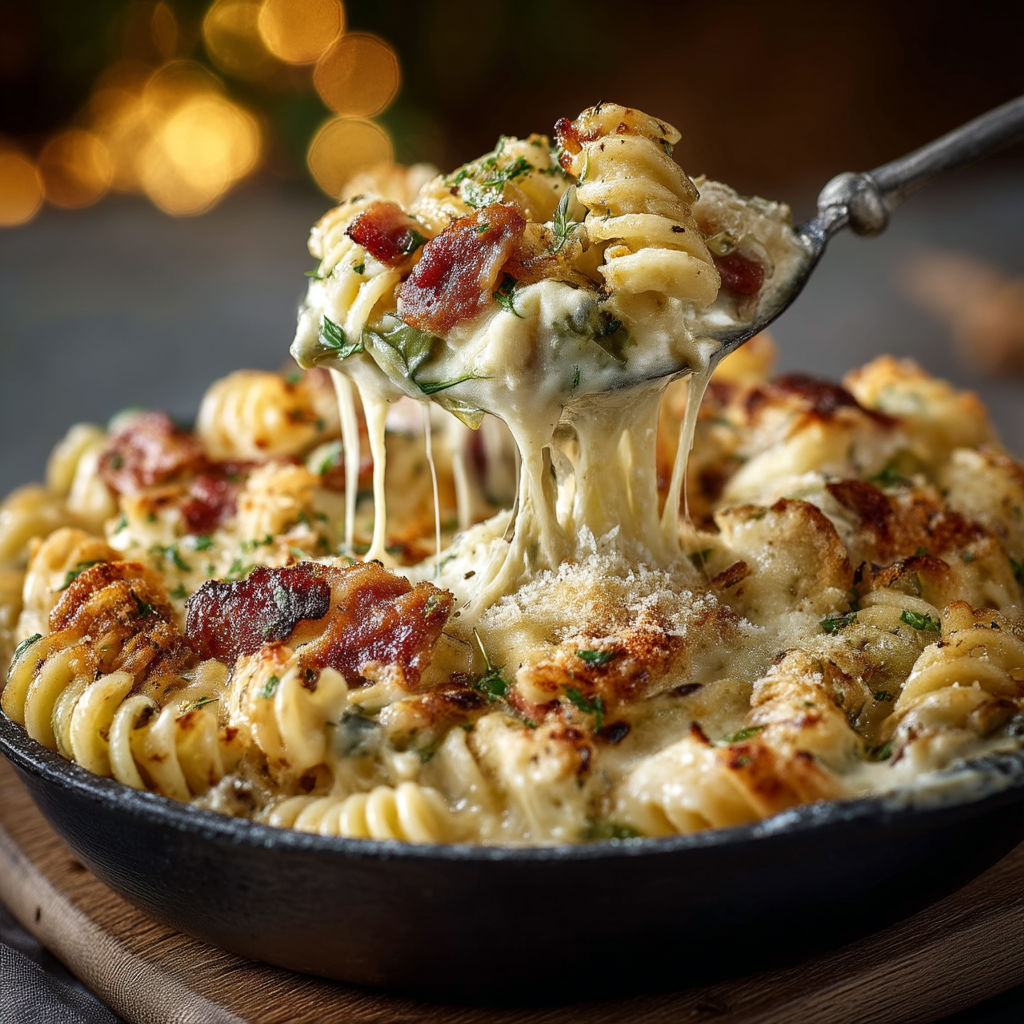Une pâte à macaroni avec des bacon et des herbes.