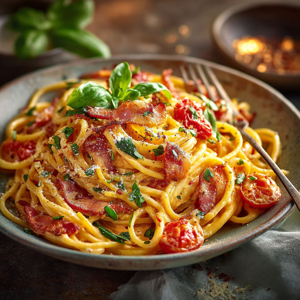 Une assiette de spaghetti avec des tomates et des herbes.