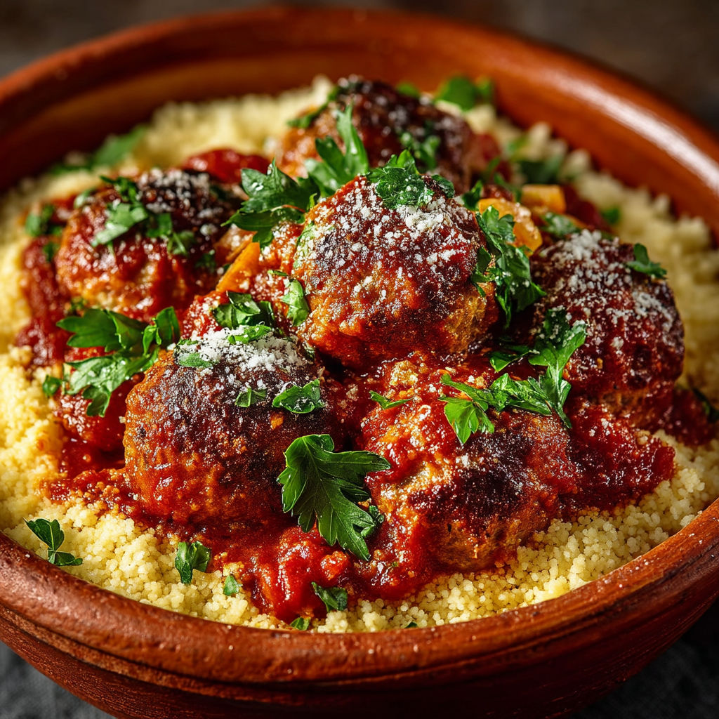 Un plat de pâtes avec des boulettes de viande.