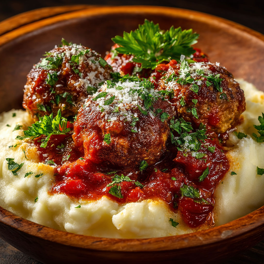 Un plat de macaroni avec des boulettes de viande saucées.