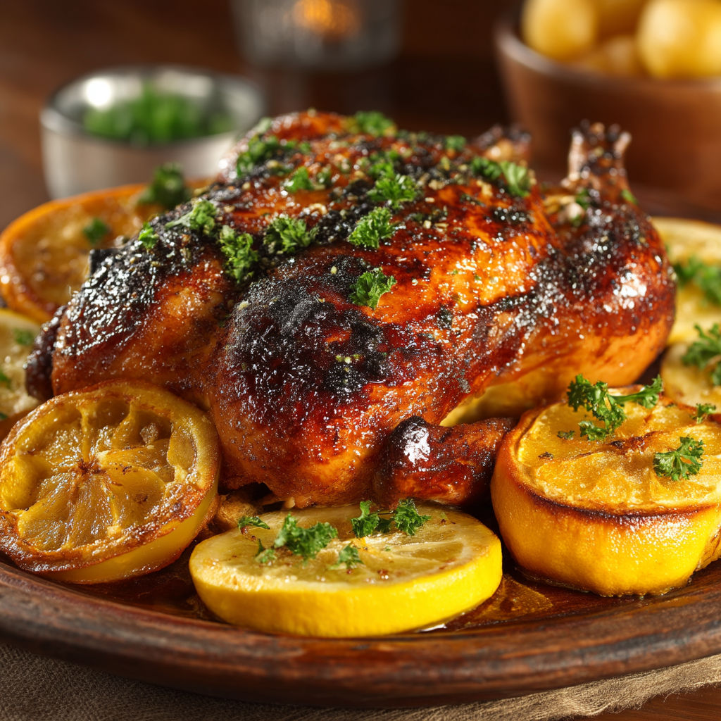 Une pintade grillée avec des agrumes.