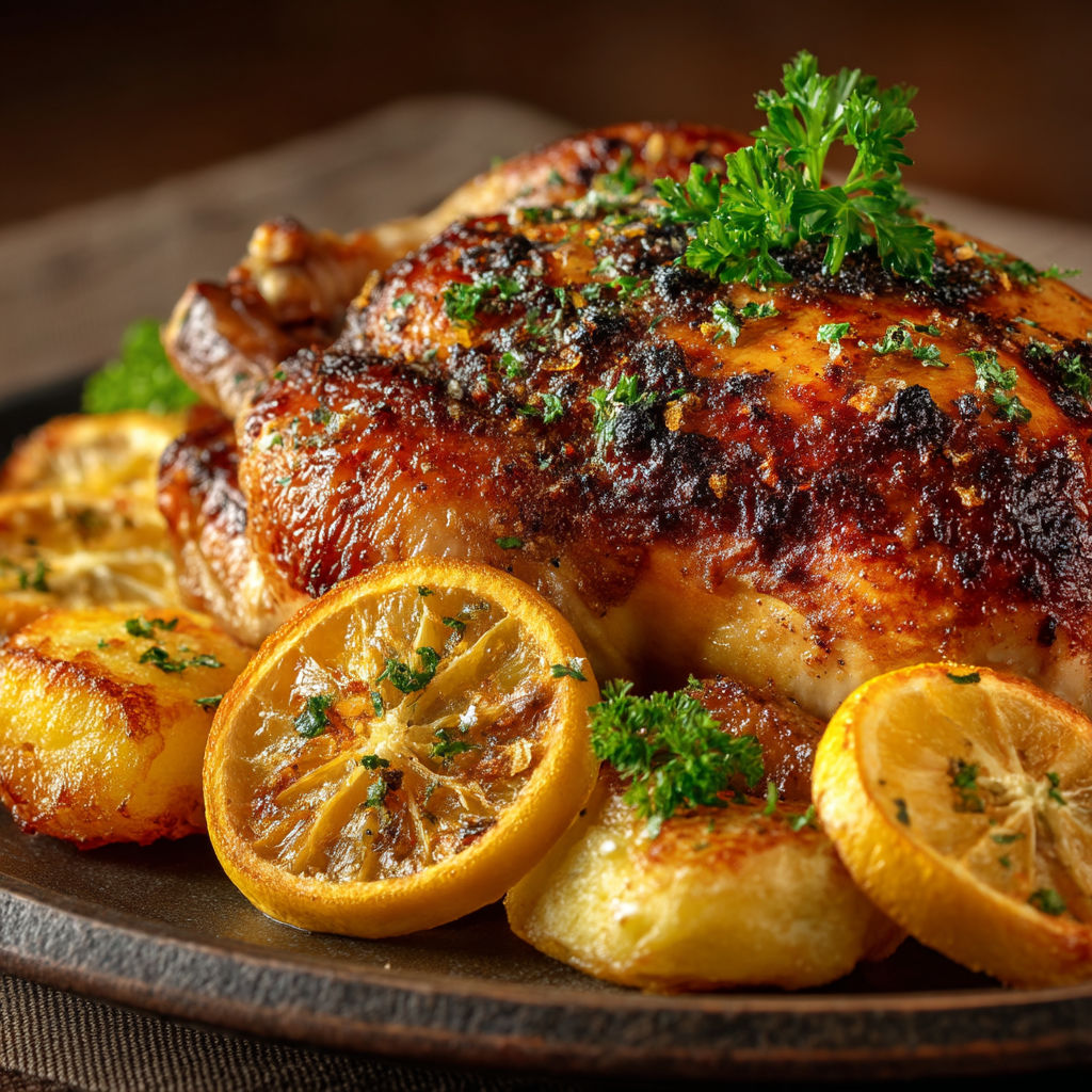 Une pintade avec des agrumes sur le dessus.