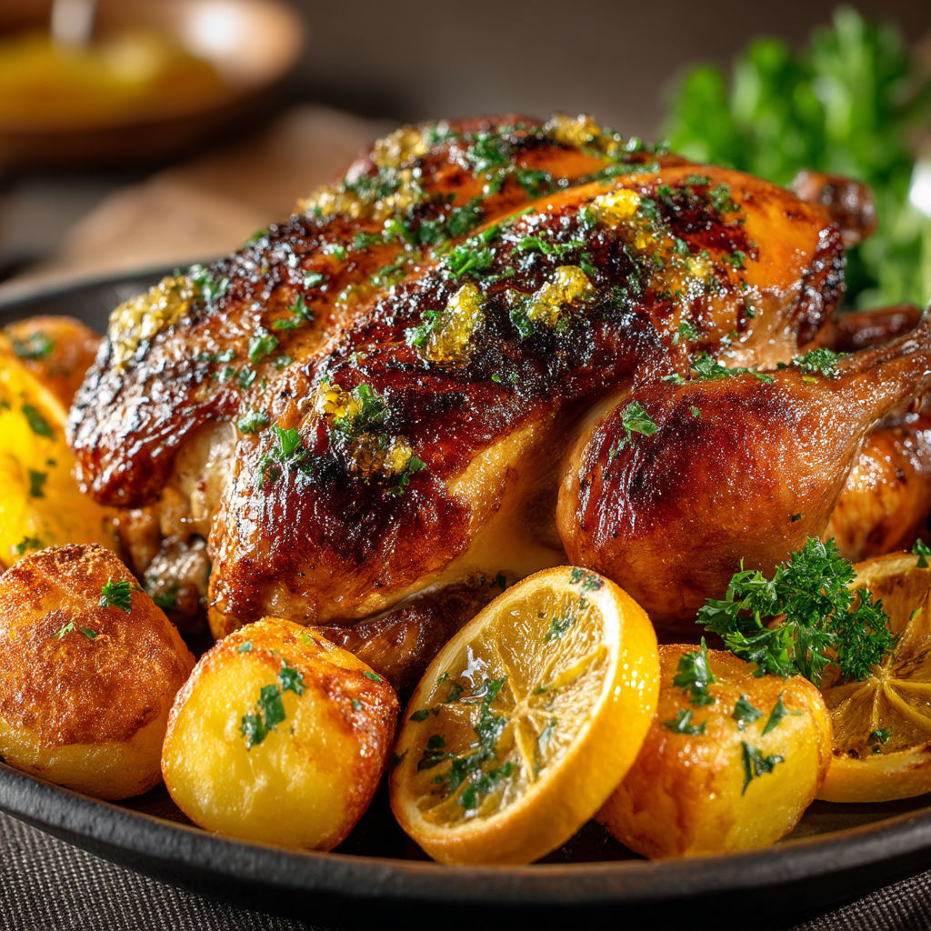 Une pintade grillée avec des agrumes.