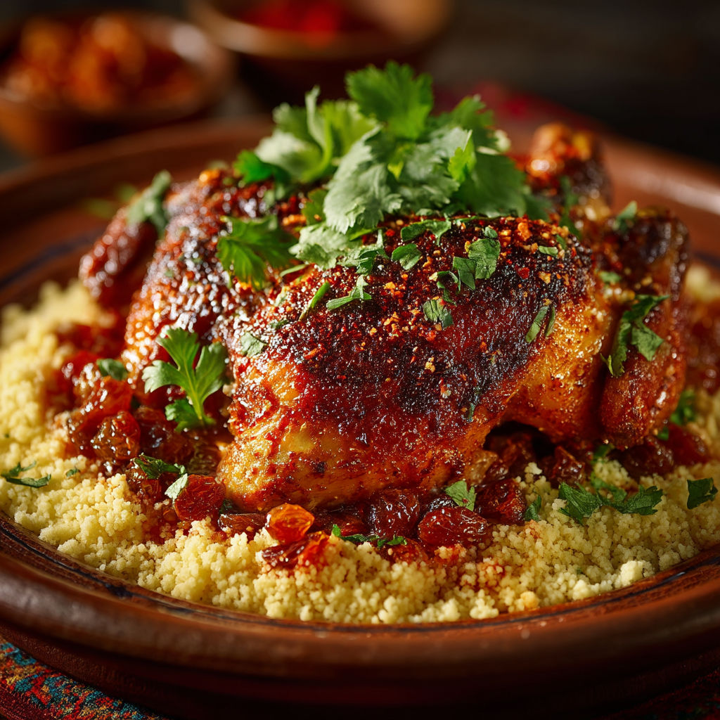 Un poulet grillé avec des herbes et des épices sur une assiette.