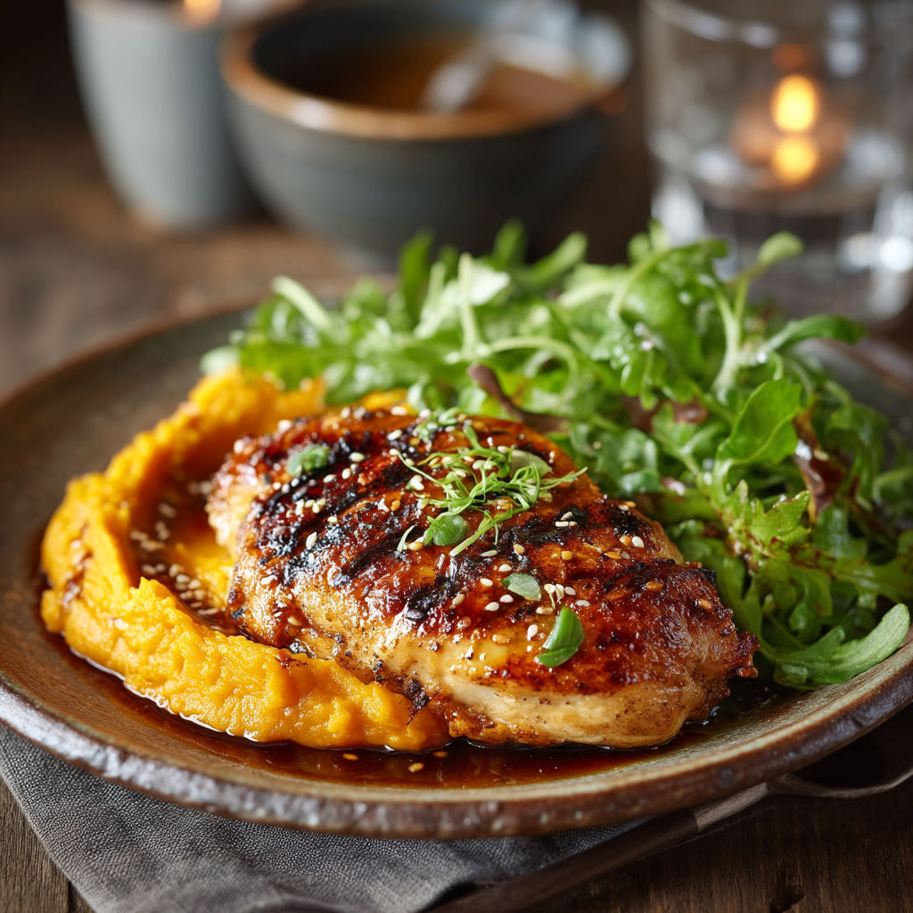 Une assiette de poulet grillé avec des légumes verts.