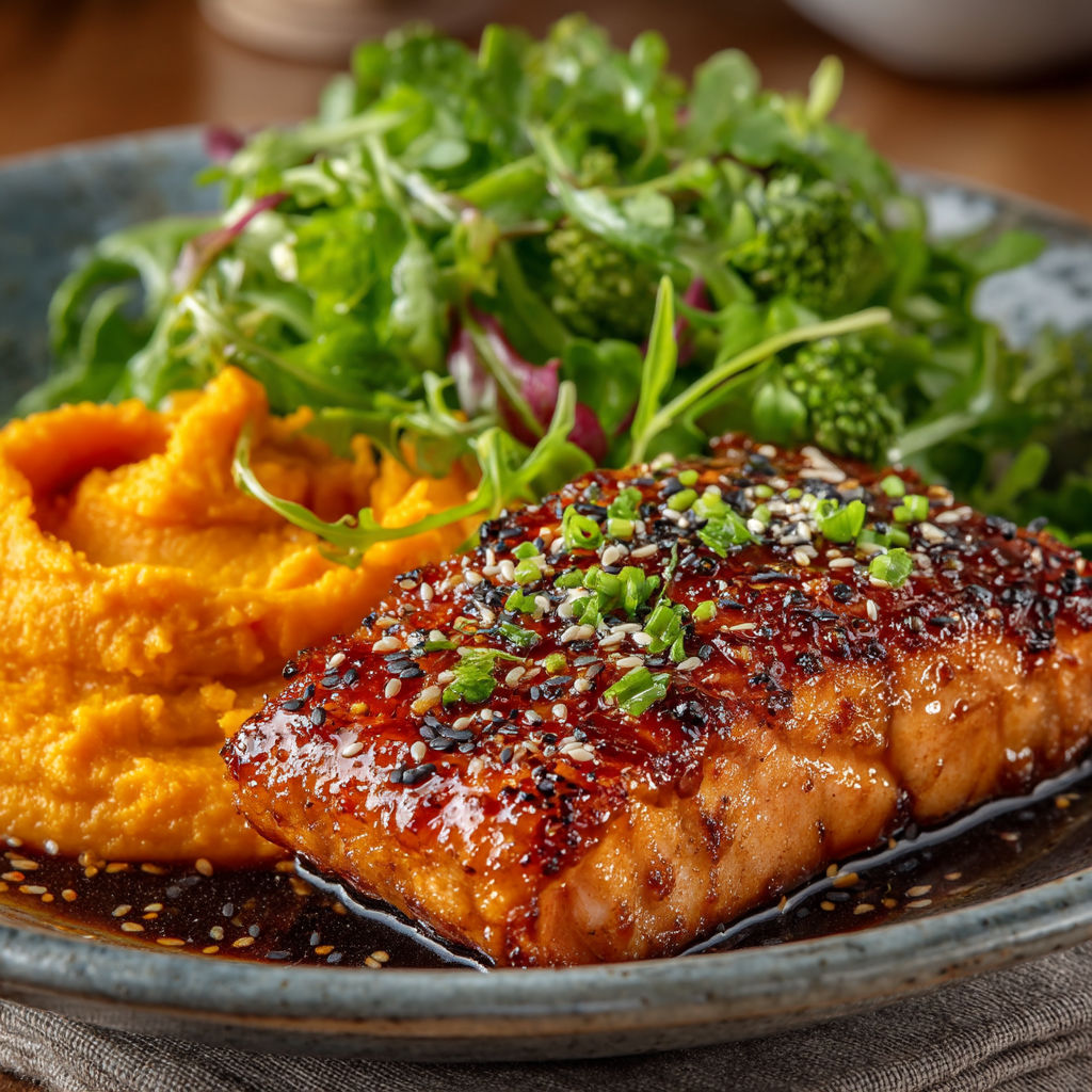 Un plat de poisson grillé avec des légumes verts.