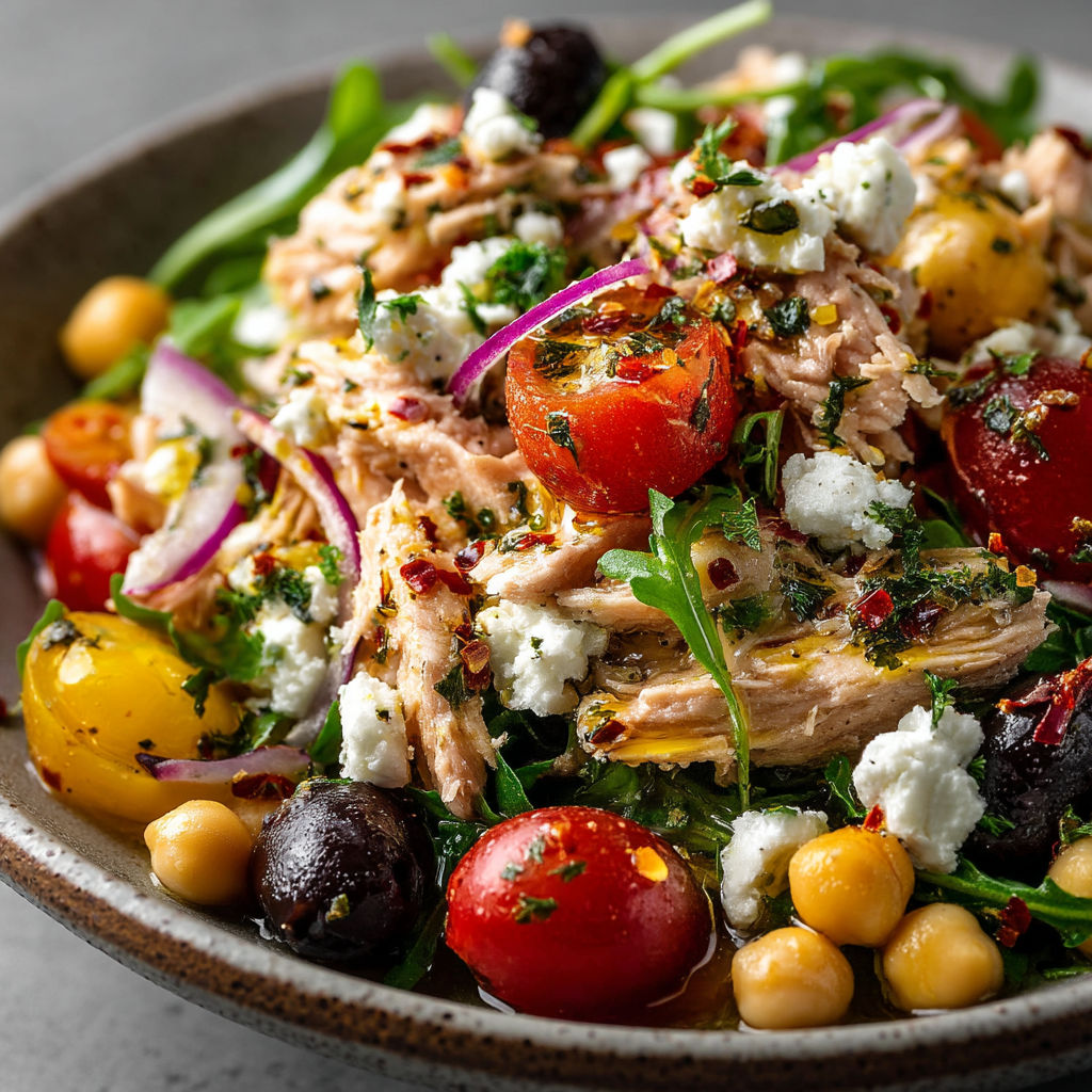 Une salade de poulet avec des tomates, des olives, des cucumbers et des chickpeas.