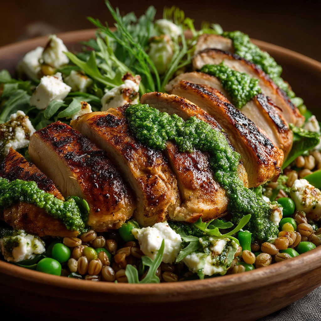 Une salade de poulet avec des légumes verts.