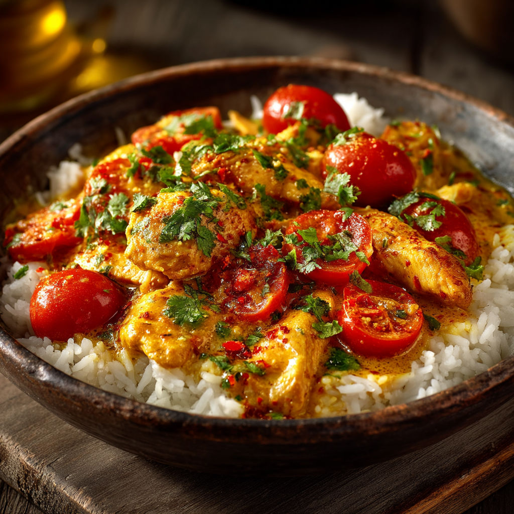 Une assiette de riz et de tomates avec des herbes vertes.