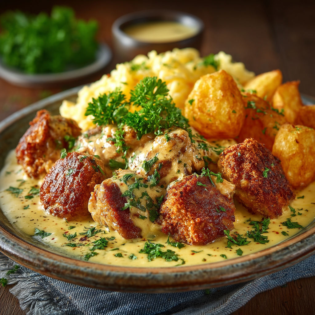 Plate of food with chicken and potatoes.
