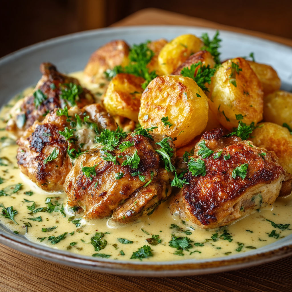 Chicken with potatoes and herbs.