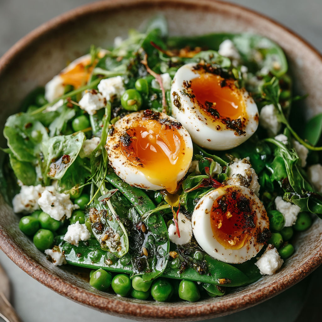 Une salade de poulet et de légumes avec des oeufs brouillés.