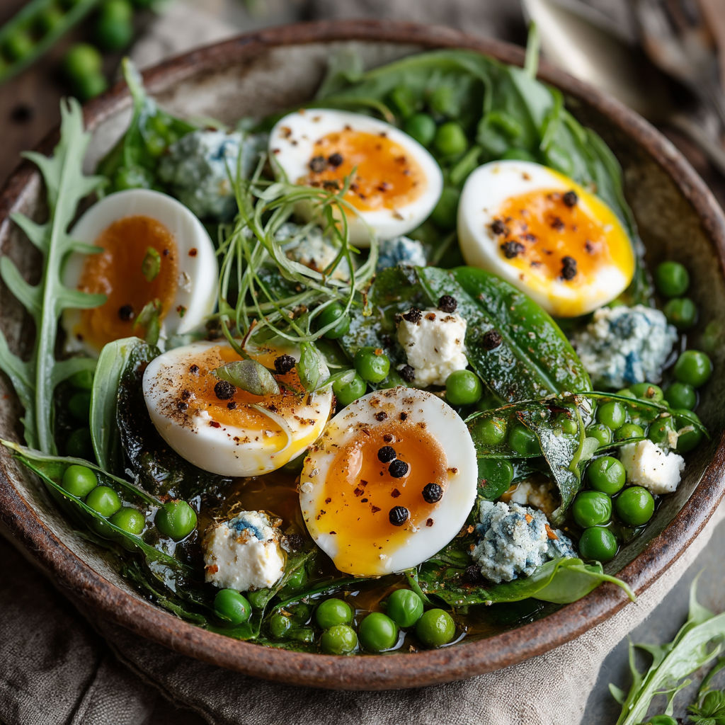 Une assiette de légumes et œufs.