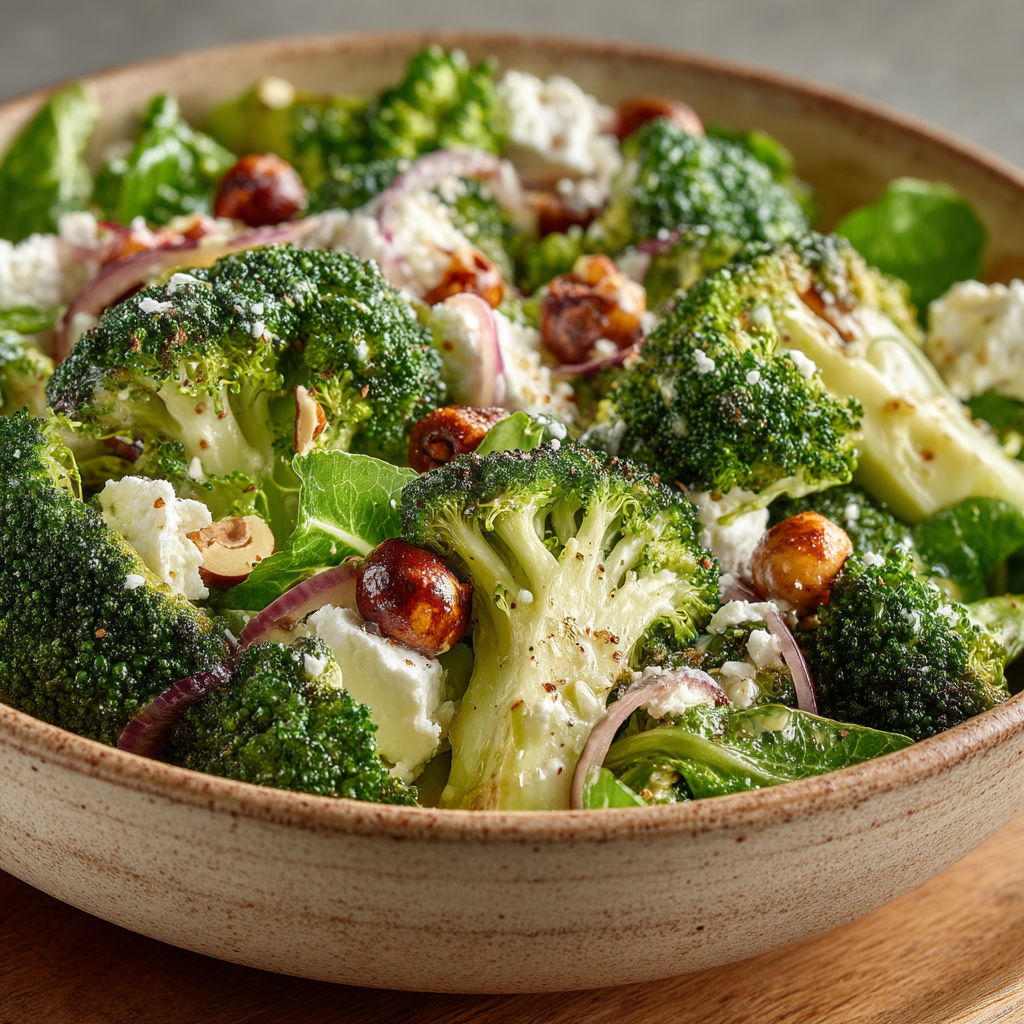 Une salade de brocoli avec des noix et du fromage.