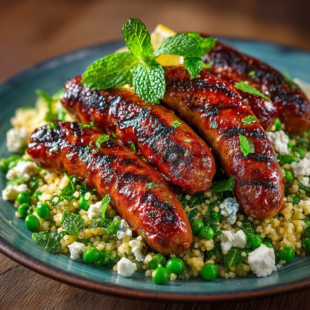 Chipolatas grillées avec semoule et petits pois.