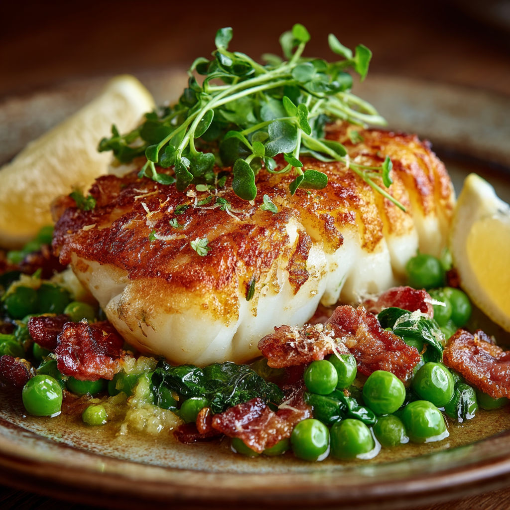 Une poisson grillé avec des légumes verts et des herbes sur un plateau.