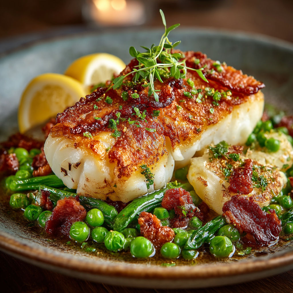 Un poisson grillé avec des légumes verts et des herbes.