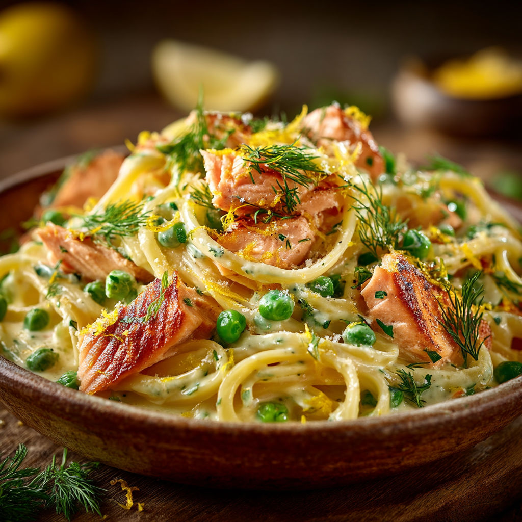 Une assiette de spaghetti avec des légumes et des poissons.