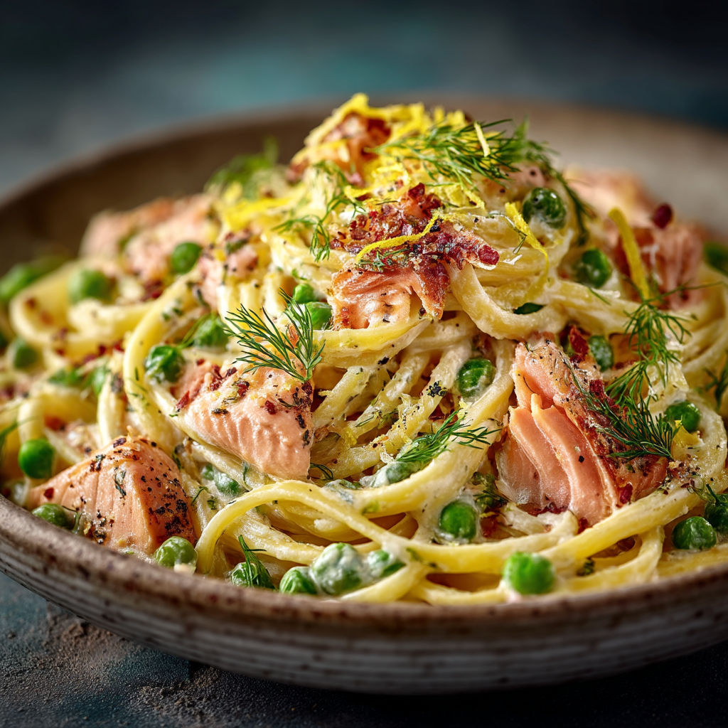 Une assiette de spaghetti avec des légumes et des poissons.