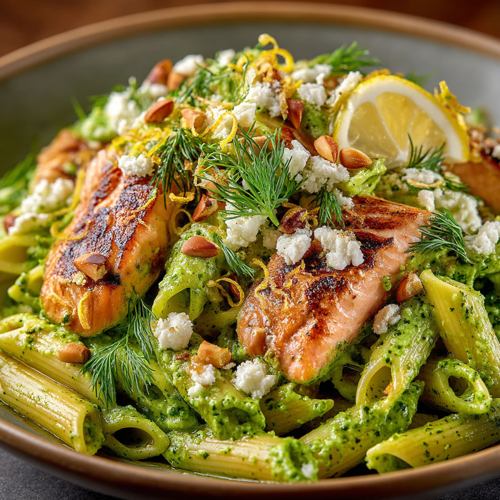 Pâtes pesto de petits pois & saumon.